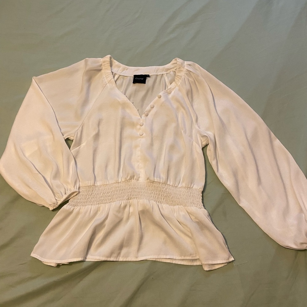 Cream Peplum 3/4 Sleeve Blouse with Vintage Charm